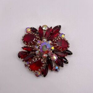 Vintage Schreiner Red Oval Cabochon Rhinestone AB Brooch Layer Unsigned